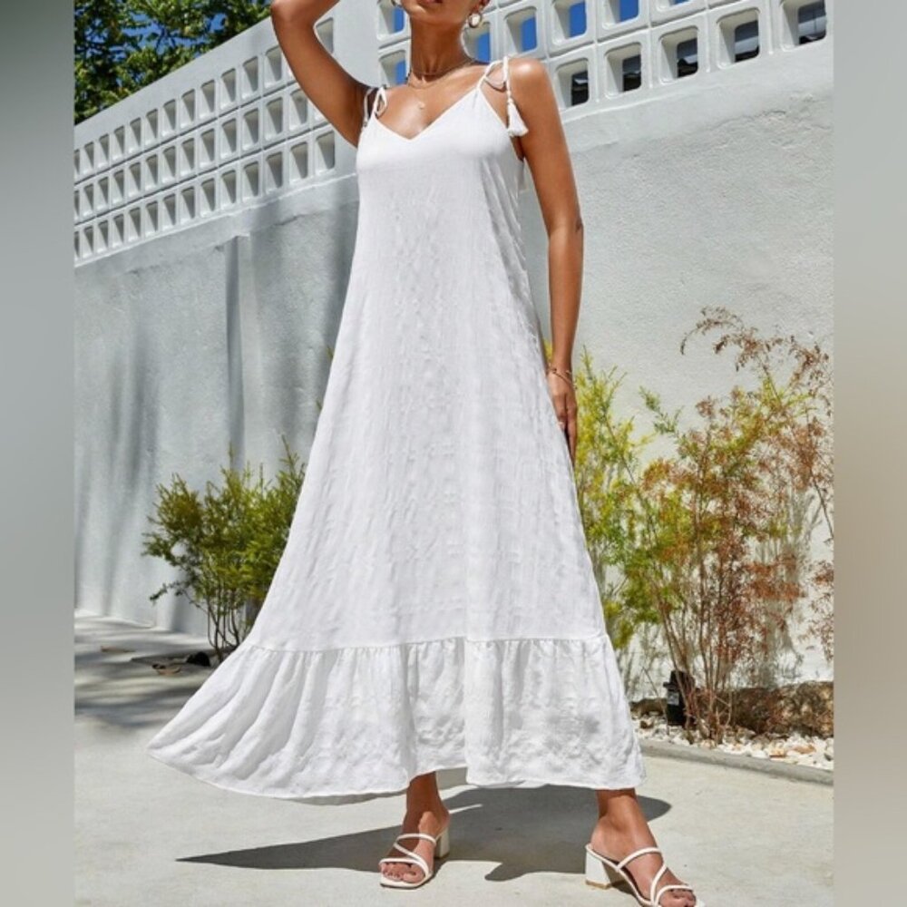 Boho Tie Shoulder Ruffle Hem Cami Dress White